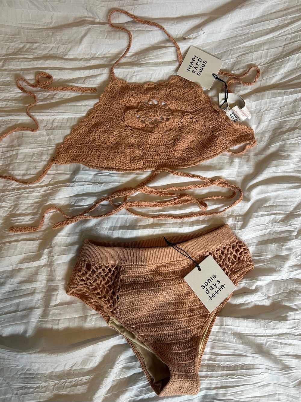 Somedays Lovin Crochet High-Waist Bikini Set in peach